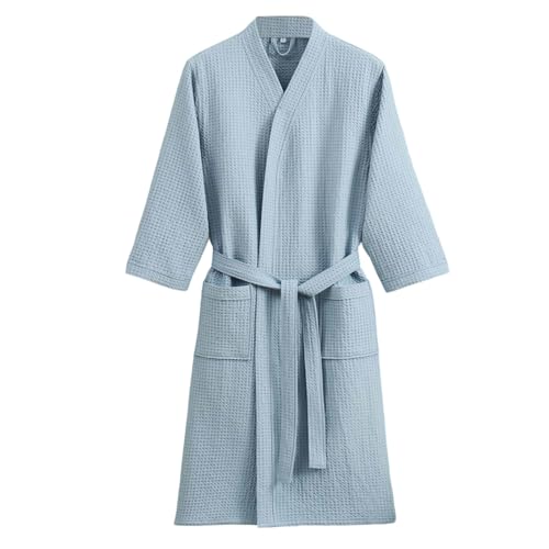 Bata de baño de punto gofre para hombres y mujeres, bata ligera y absorbente con cinturón de amarre y bolsillos, bata transpirable de secado rápido para el hogar, spa, sauna, hotel, viajes, suave