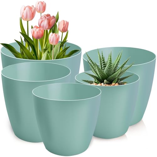 PECZEKO Set di 5 vasi da fiori opachi, 12/14/16/18/20 cm, in plastica, per piante, grandi e piccoli, set di 5 vasi per erbe, verde