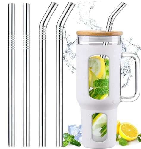 Image of 12 inch Stainless Steel Straws Replacement for Stanley Adventure Quencher 40 oz 30 oz Cup Tumbler, 4 Pack Metal Straws Reusable with Cleaning Brush for Stanley 40 oz & Simple Modern Tumbler with Handle