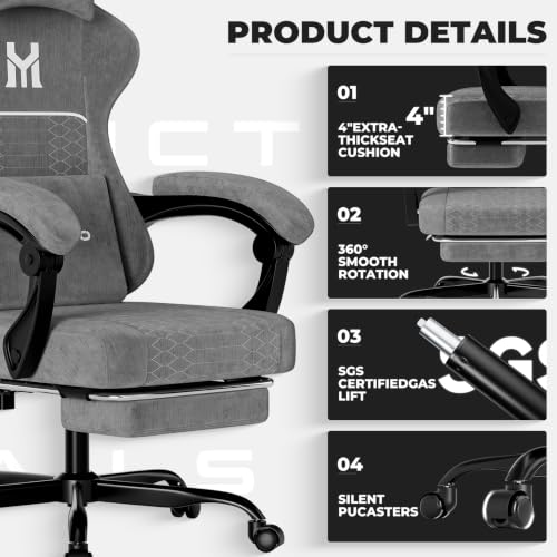 Image of Gaming Chair with Footrest, Ergonomic Computer Chair with Lumbar & Headrest Support for Adults, High Back Office Desk Chair with 360Swivel Wheels for Game and Work, Breathable Fabric,Grey