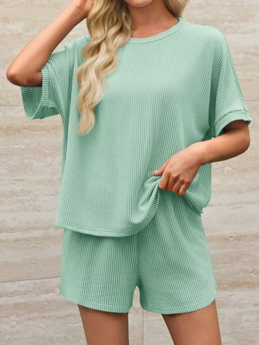 Image of Imily Bela Womens 2 Piece Outfits 2025 Oversized Summer Short Sets Casual Beach Ribbed Short Sleeve Matching Set