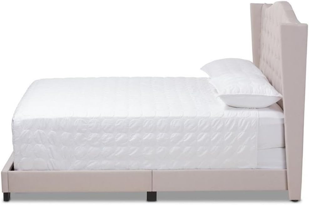BOWERY HILL Modern King Size Bed, Upholstered Polyester Fabric, Tufted Headboard with Curved Winged Design, Beige Finish, Engineered Wood and Rubberwood Frame, Box Spring Required, 76"x80" Mattress