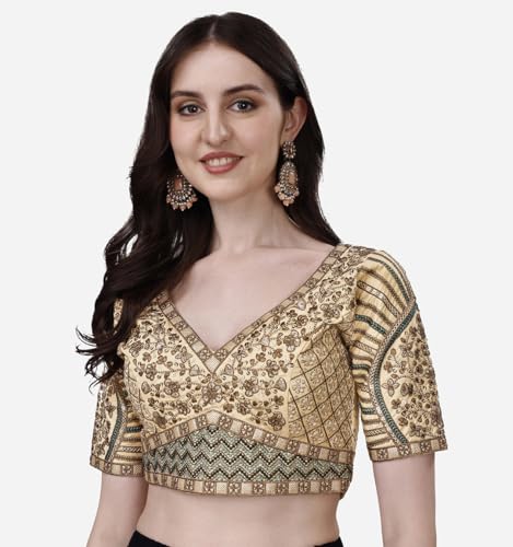 Image of Pujia Mills Mills Women's Fancy Readymade Heavy Coding Embroidary Worked Half Sleeve Multicolor Saree Blouse(Mushroom)