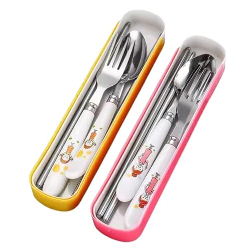 Image of Portable Kids Spoon Fork Set 1 - 4pcs Bpa Free Stainless Steel Cutlery Set with Cute Handles -Ideal for Lunchbox & School, Travel Box-Ideal Gift for Students- Multicolor