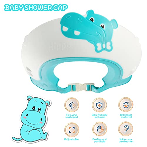 FUSACONY Baby Shower Cap Shampoo Cap for Kids Baby Hair Washing Shield Adjustable Bath Visor Face Shield for Toddler Kids Boys Girls Shower Hat to Stop Water in Eyes Hippo (Blue) - Image 2
