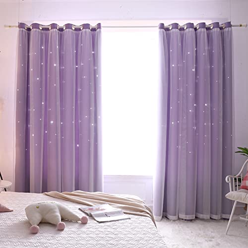 Lanqinglv Star Blackout Curtains with Nets,Lilac Star Panels Nursery Double Layer Window Curtains for Kids Girls Room Bedroom Living Room Decoration,2 Panels,W 52 in x L 84 in - Image 2