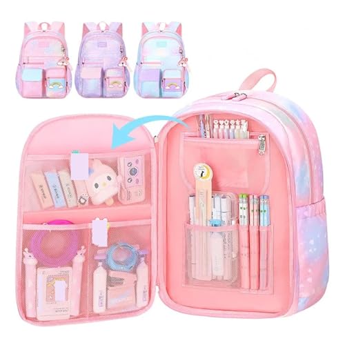 Backpack Rainbow Embroidery 3-Piece Set High Mass Gradient Adult Backpack Large Capacity(L purple)2