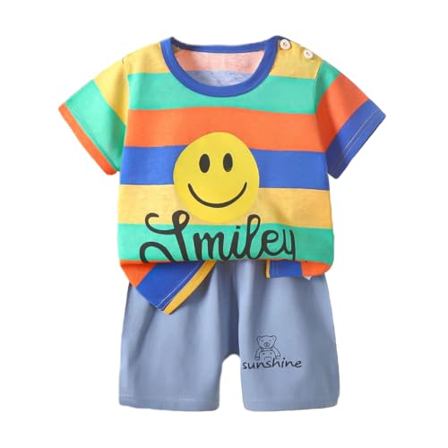 Image of Bold N Elegant Kids Cartoon Stripe Print Cotton Cute Half Sleeve T-shirt and Shorts Clothing Set for Infant Toddler Baby Boy Girl