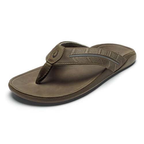 OluKai Tuahine Palm Men's Waterproof Full-Grain Leather Flip Flops, Arch Support Beach Sandals, Wet Grip Outsole for All-Day Comfort, Mustang/Mustang, 7 - image 1