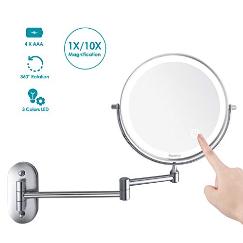 Auxmir Espejo cosmético con Luz LED táctil Espejo Aumento 1X/10X de Doble Cara Giratorio 360°Espejo Extensible de Pared para Baño, Tocador, SPA y Hotel,Plata