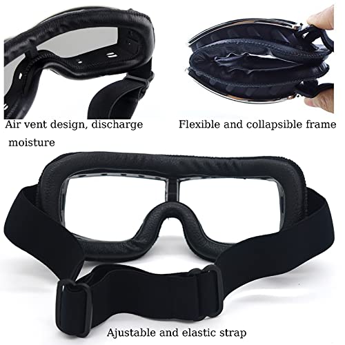 Evomosa Motorcycle Goggles Vintage Leather Pilot Style Aviator Goggles For Men Women,Windproof Anti-Fog Ridding Eyewear (Black Clear) #TOP2