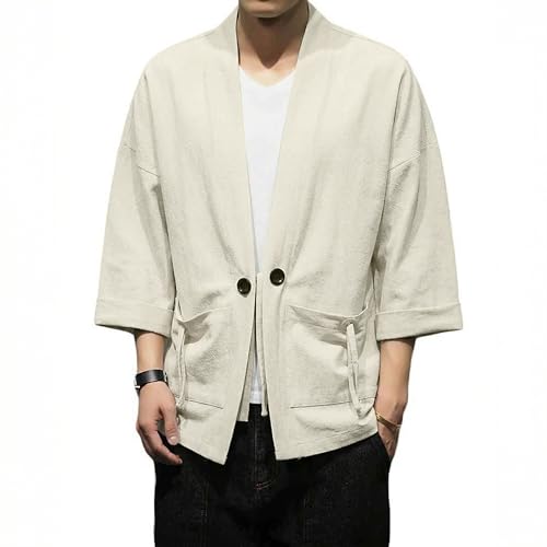 Image of Mens Kimono Cardigan Cotton Linen Japanese Shirt 3 /4 Sleeve Haori Yukata | Skin-Friendly Solid Color Lightweight Shawl Collar Kimono Robe Embroidery Button Tie Pockets Happi Coat All Season Daily Wear