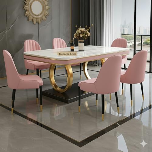 Image of 6-Seater Dining Table with Nano Composite Marble Top and PVC Golden Wooden Base |2yr Warranty - Includes 6 Fabric Upholstered Chairs (Pink, White Marble Top)