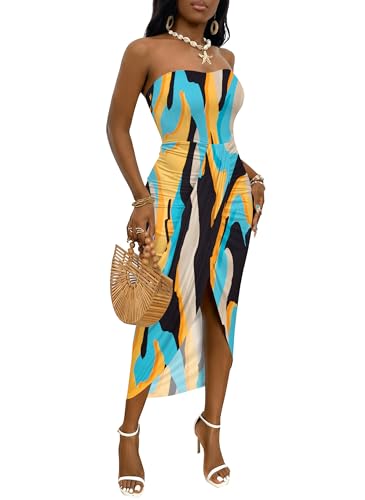 Image of Umenlele Women's Strapless Ruched High Waist Wrap Split Asymmetrical Beach Maxi Long Dress