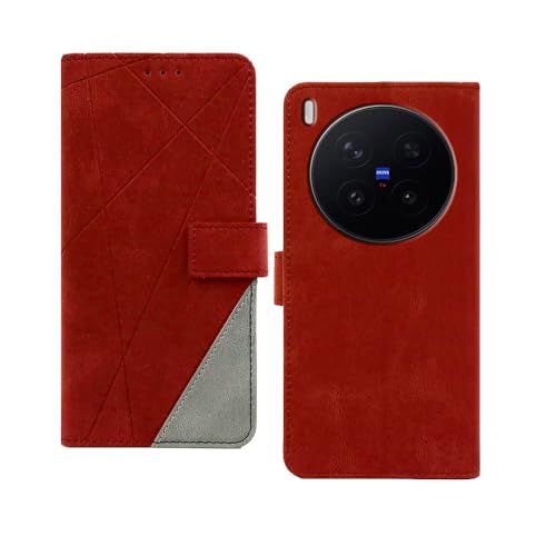 Image of amazon basics Vivo X300 Pro 5G Flip Cover | Card Pockets Wallet & Stand | Flip Cover for Vivo X300 Pro 5G (Red with Grey)