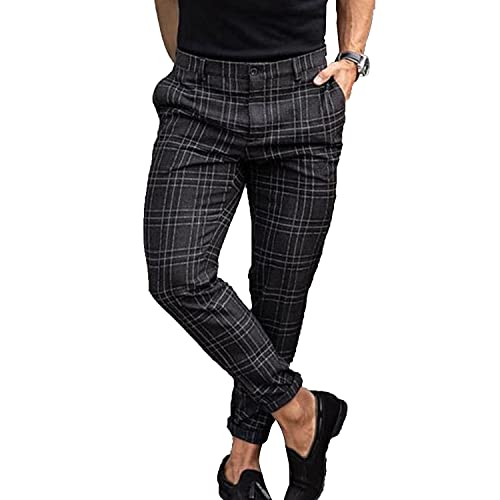 Men's Slim Fit Stretch Plaid Dress Pants with Pockets Checks Pattern Chino Trousers Fashion Casual Elasticity Button Pant (Black,XX-Large)
