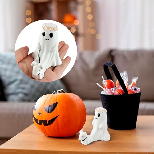 Qnynnty Geister Statue Mit Hund Halloween Geister Figurine Niedlicher Ghost Walking Dog Ornament für Garten und Haus, Lustige Geister Hund Statue für Halloween Hof Deko
