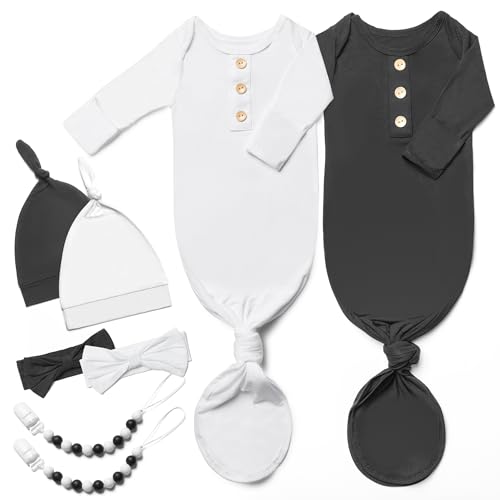 Image of 2PK Silky Soft Newborn Knotted Gown, Snuggly Infant Sleeper for Baby Girls, Sleepwear Set with Mittens, Bowknot, Clip and Hat