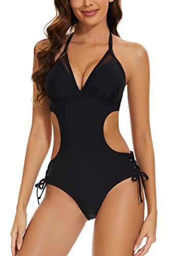 Women's Halter Cutout One Piece Swimsuit Mesh Monokini Bathing Suit3