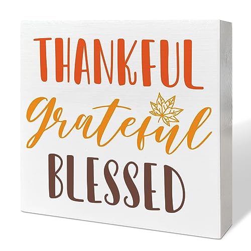 Image of Thanksgiving Table Wooden Box Sign, Thankful Grateful Blessed, Autumn Table Decor, Fall Tabletop Decorations for Home Office Harvest Thanksgiving Desk Decor