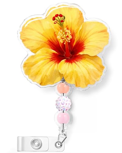 Joli porte-badge jaune hibiscus avec perles, le cadeau idéal pour une infirmière