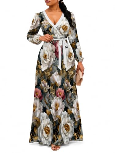 Image of SUZONANA Plus Size Dresses for Women Floral Print Maxi Dress Flowy 3 /4 Sleeve with Belt
