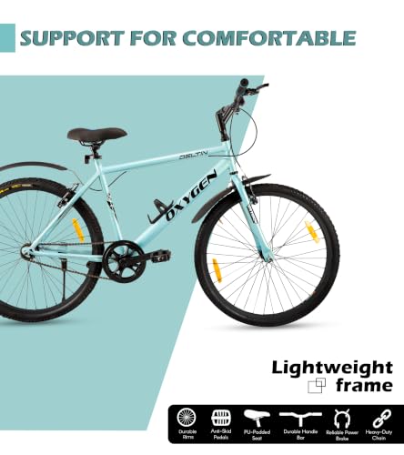Image of OXYGEN Deltin 26T MTB Mountain Bicycle for Boys | Single Speed Steel Frame with V Brakes, Wide Tyres & Mudguards | Professional Assembly Recommended