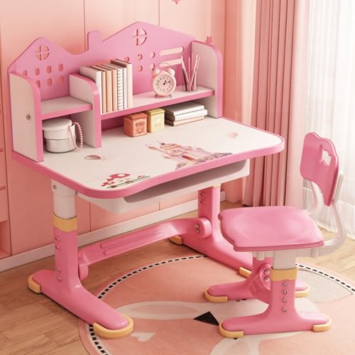 toxaaiwr Juego de escritorio y silla de estudio para niños de altura ajustable, mesa de escritura de estudio escolar con corrección de postura, cuenta con una gran superficie de escritura, armario de