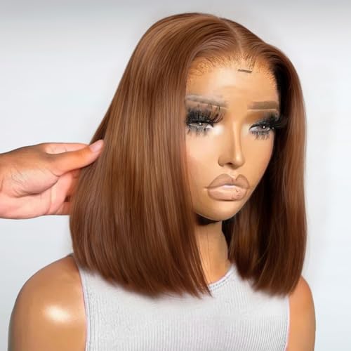 MEGOOD 13x4 Brown Bob Wig Human Hair 12 Inch13x4 HD Lace Frontal Short Straight Lace Front Bob Wigs For Black Women Chocolate Brown Human Hair Wig Pre Plucked Glueless Side Part Chocolate Brown Wig