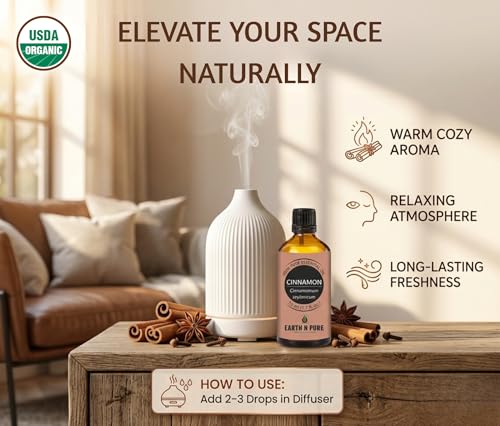 Image of Earth N Pure Cinnamon Essential Oil | 100% Pure & Undiluted | Steam Distilled | Warm Ambiance, Muscle Comfort & Focus | 15ml
