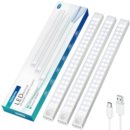 Forepin Luz LED Armario con Sensor de Movimiento 88LEDs, 2000mAh Luz LED Adhesiva USB-C Recargable 30CM Regulable Lampara LED Adhesiva para Cocina, Escalera, Garaje, Pasillo, Emergencias - 3 Piezas