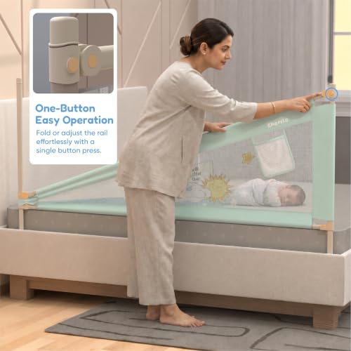 Image of Cherilo Bed Rails for Baby | Pack of 3 (Each Rail: 6ft / 180 cm) | 3 Side Bed Safety Guard for Kids | Foldable & Height Adjustable | Breathable Mesh, Kids-Friendly Prints | Sea Green (Pack of 3)