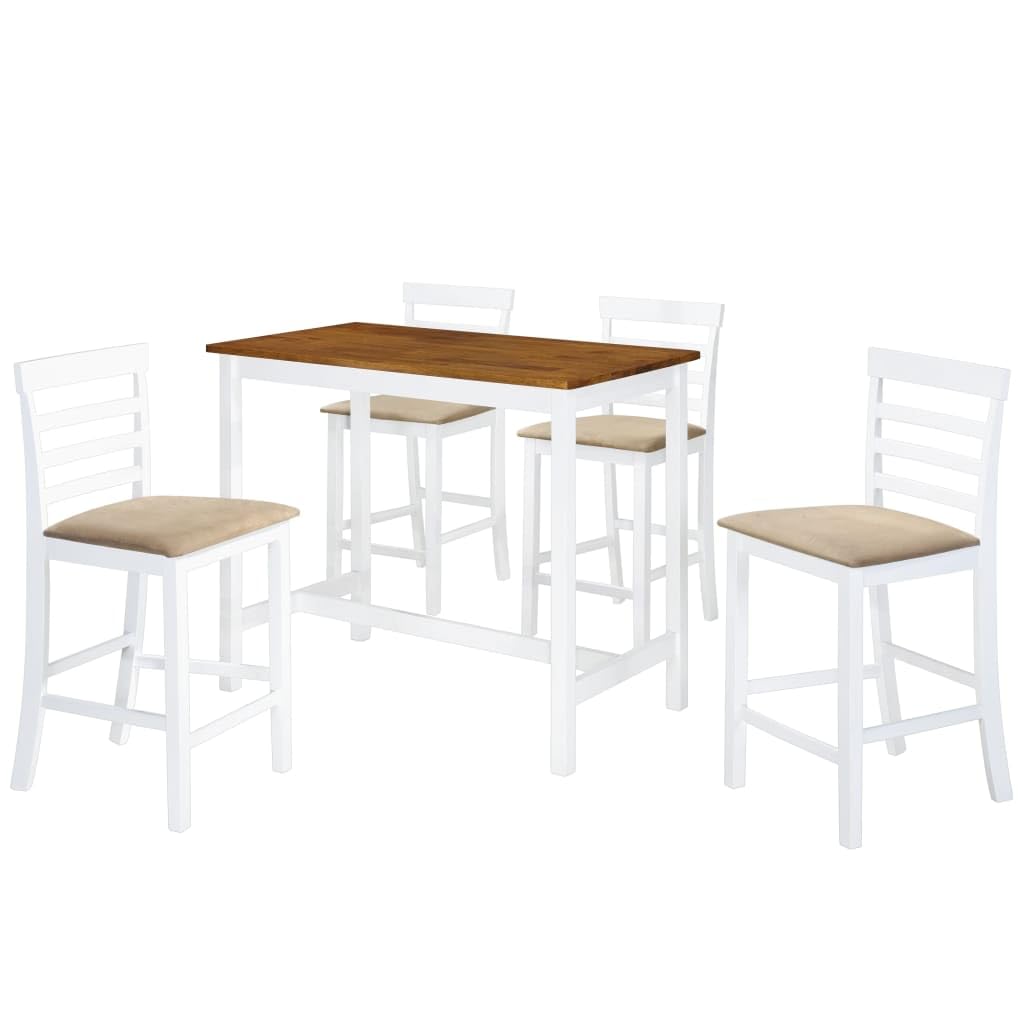 Mesa de bar con sillas de madera maciza de 5 piezas, color marrón y blanco, juego de comedor para muebles de comedor con 1 mesa y 4 sillas, conjunto de muebles para terraza, balcón, comedor