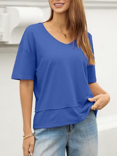 Image of UNCLECAT Womens V Neck T Shirts Summer Trendy Loose Fit Casual Tops Tees | Short sleeve, Spliced hem, Flowy graphic tees,Solid color cute basic t-shirts