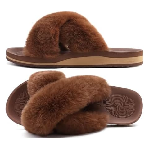 COFACE Womens Fuzzy Slides Fluff Fax Fur Cross Slippers Open Toe Yoga Mat House Slippers Sandals With Arch Support For Indoor/Outdoor Cover
