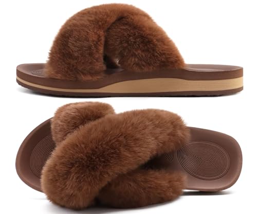 Image of COFACE Womens Fuzzy Slides Fluff Faux Fur Cross Slippers Open Toe Yoga Mat House Slipper Sandals With Arch Support For Indoor /Outdoor