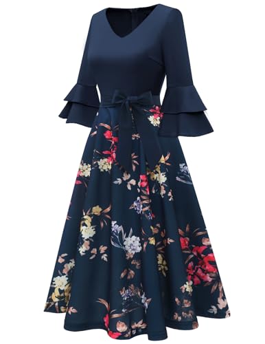 Image of DRESSTELLS Women's Cocktail Dress Summer Wedding Guest Party Vintage 3 /4 Bell Sleeve V Neck A-Line Dress
