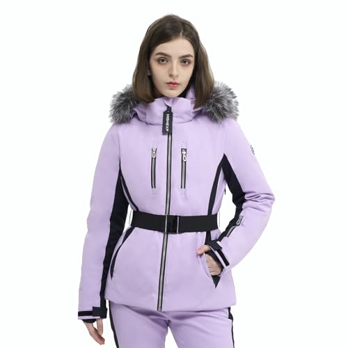 HIGH EXPERIENCE Women Ski Jacket Snowboard Fitted Slim Fit Short Snow Coat Belted Mountain Waterproof Insulated Warm Winter (US, Alpha, Small, Regular, Regular, Light Purple)