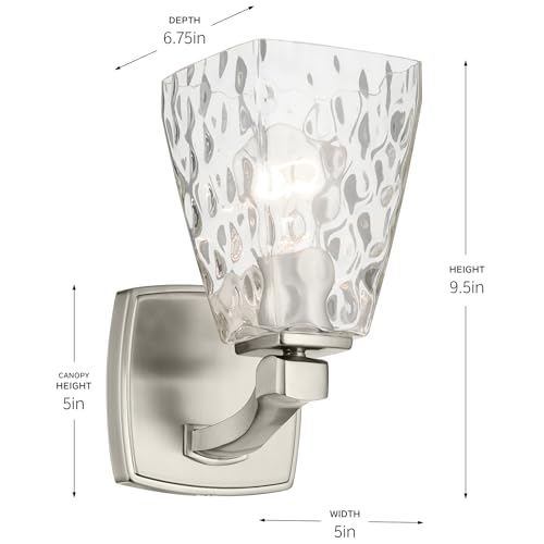 Image of Kichler Marant 5 inch 1-Light Wall Sconce Bathroom Light Fixture with Clear Water Glass in Brushed Nickel for Bathroom, Powder Room, Hallway (5 inch W x 9.5 inch H), 55214NIWTR