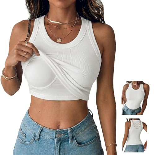 Tank Top with Built in Bra for Women Ribbed Sleeveless Camisole Stretchy Fitted Casual Top (US Alpha Medium Regular Regular White)