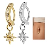 2 Piezas Aro Ombligo Set, Colgante Estrella de 8 Puntas, Oro y Plata Acero Inoxidable, Clicker Aro Ventre para Mujeres