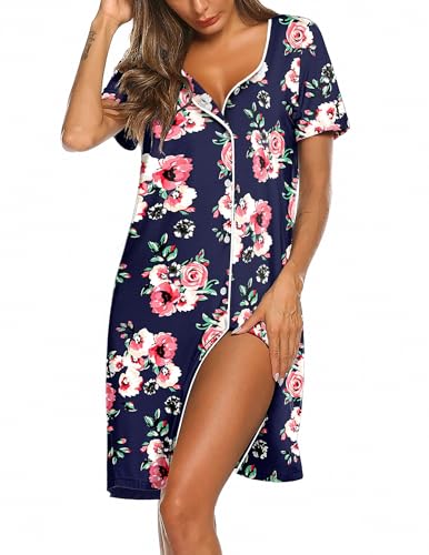 Image of Ekouaer Women's Nightgown Button Down Nightshirt Short Sleeve Sleepshirt Soft V Neck Sleepwear Pajama Dress