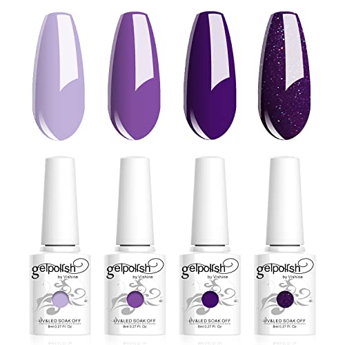 Vishine Geles de Esmalte Semipermanente, Lote de 4 Colores Violeta Lavanda Purpurina, Colección de Nail Art Esmalte de Uñas en Gel para UV LED, Barniz de Manicura 8 ml C017