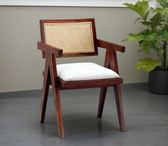 Image of Solid Sheesham Wood Arm Chair with Cushion and Cane Back Support Chair Living Room Bedroom Home Wooden Armchair Furniture Garden Balcony Outdoor & Indoor (Honey Brown)