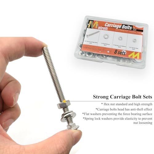 Image of 8 Sets 1 /4 inch-20 x3 Carriage Bolts Round Head Square Neck Screws with Hex Nuts Flat Washers Spring Lock Washers 304 Stainless Steel Full Thread Coverage Square Neck Bolts Assortment Kit