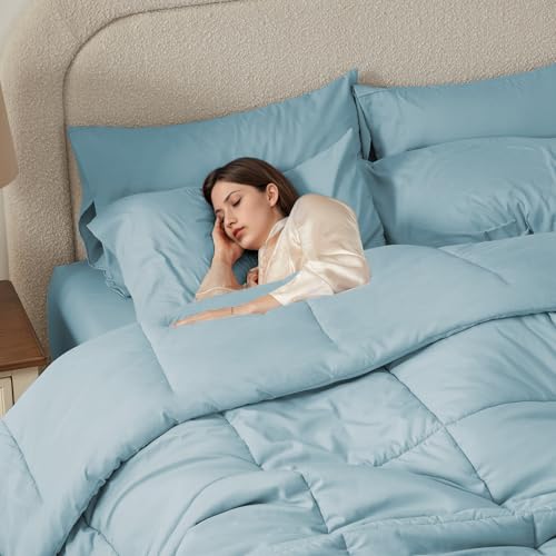 Anluoer Full Comforter Set 7 Piece, Light Blue Bed in a Bag with Sheets, Comforters Full Size Bedding Sets with 1 Comforter, 2 Pillow Shams, 2 Pillowcases, 1 Flat Sheet,1 Fitted Sheet
