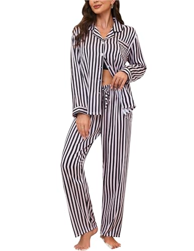 Image of UMBY Silk Satin Pajamas for Women Set 2 Piece Silk Pjs Long Sleeve Top Cozy Sleepwear Silky Pajamas