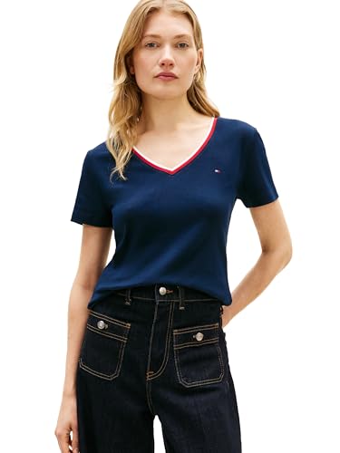 Tommy Hilfiger Women's Ribbed Slim V-Neck RWB T-Shirt, Dark Night Navy Medium