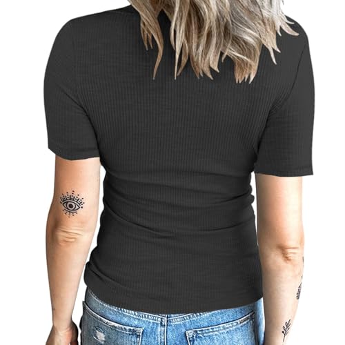 Women Short Sleeve Shirts Henley Blouse Button Down Slim Fit Tops Teen Girl Scoop Neck Knit Shirts Outfits 5