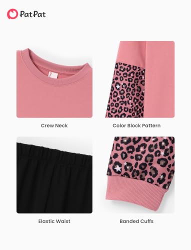 Image of PATPAT Little Girls Clothes Crew Neck Leopard Color Block Sweatshirt and Leggings Girls Outfits Size 4-12Y